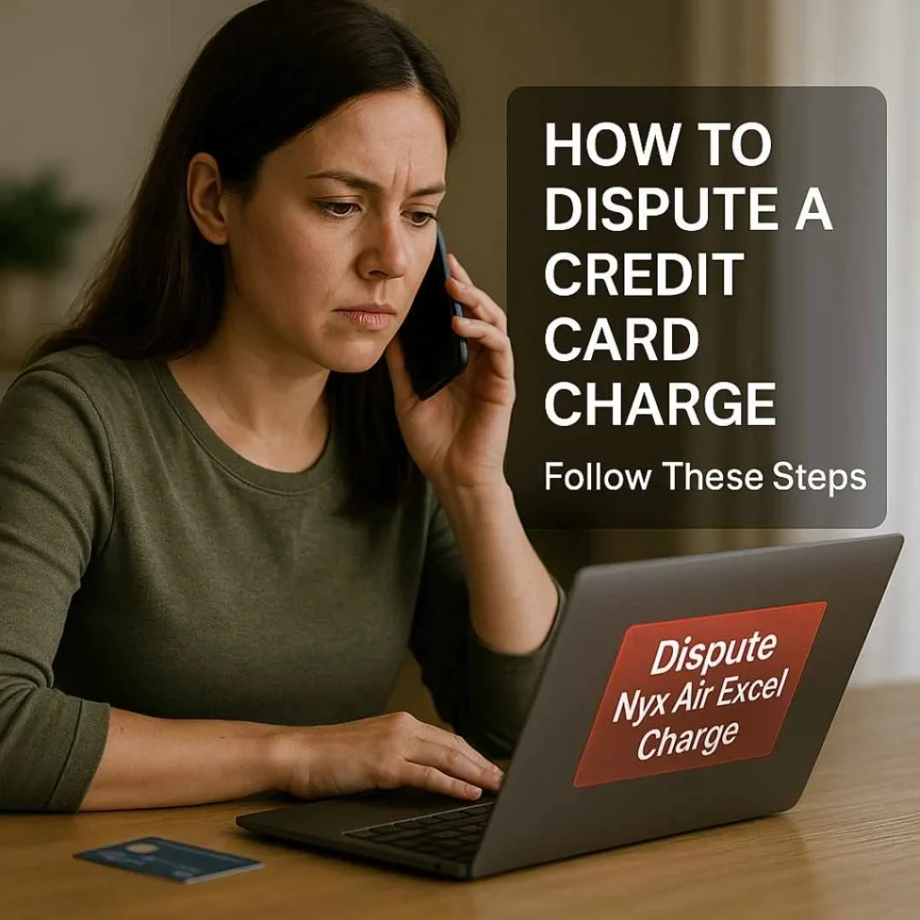 Concerned American woman reviewing laptop alert showing an unknown Nyx Air Excel credit card charge with a text box for dispute guidance.