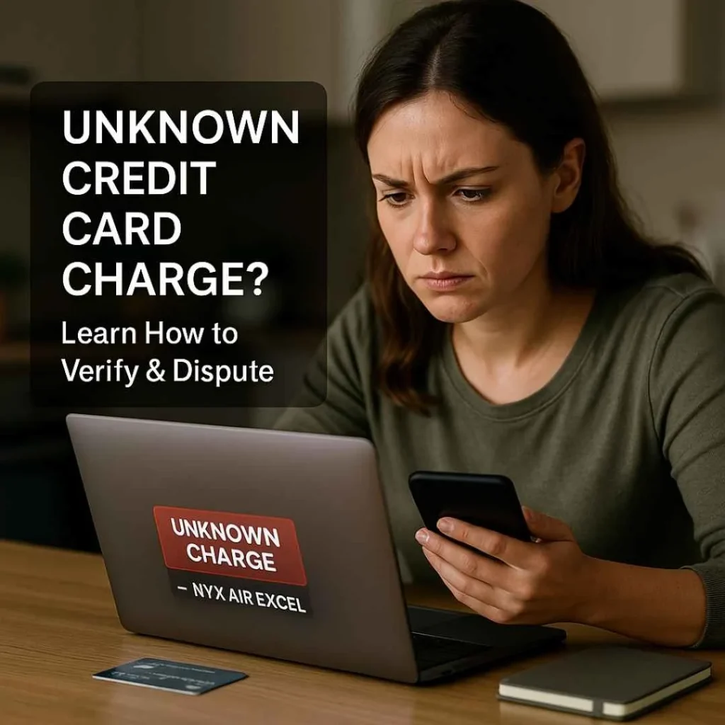 American man checking laptop showing an unknown Nyx Air Excel credit card charge alert in red with credit card on table.