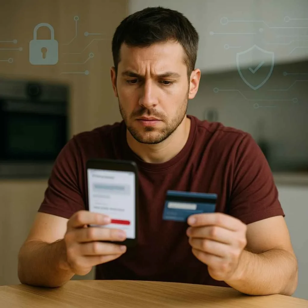 Young American man looking puzzled at an unfamiliar charge on his phone’s credit card statement with a soft fintech-themed background.