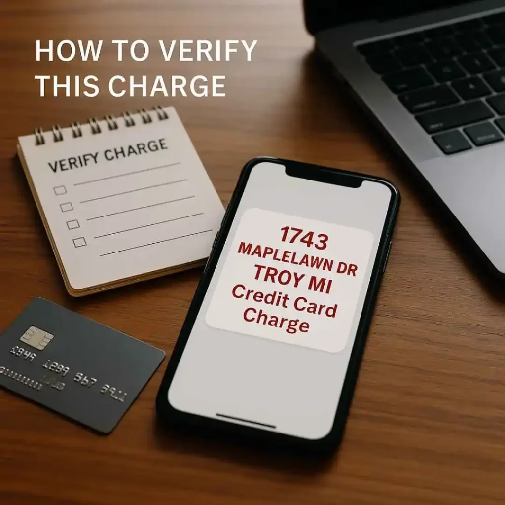 A smartphone alert showing the 1743 Maplelawn Dr Troy MI credit card charge beside a checklist and credit card on a desk, illustrating how to verify the transaction.