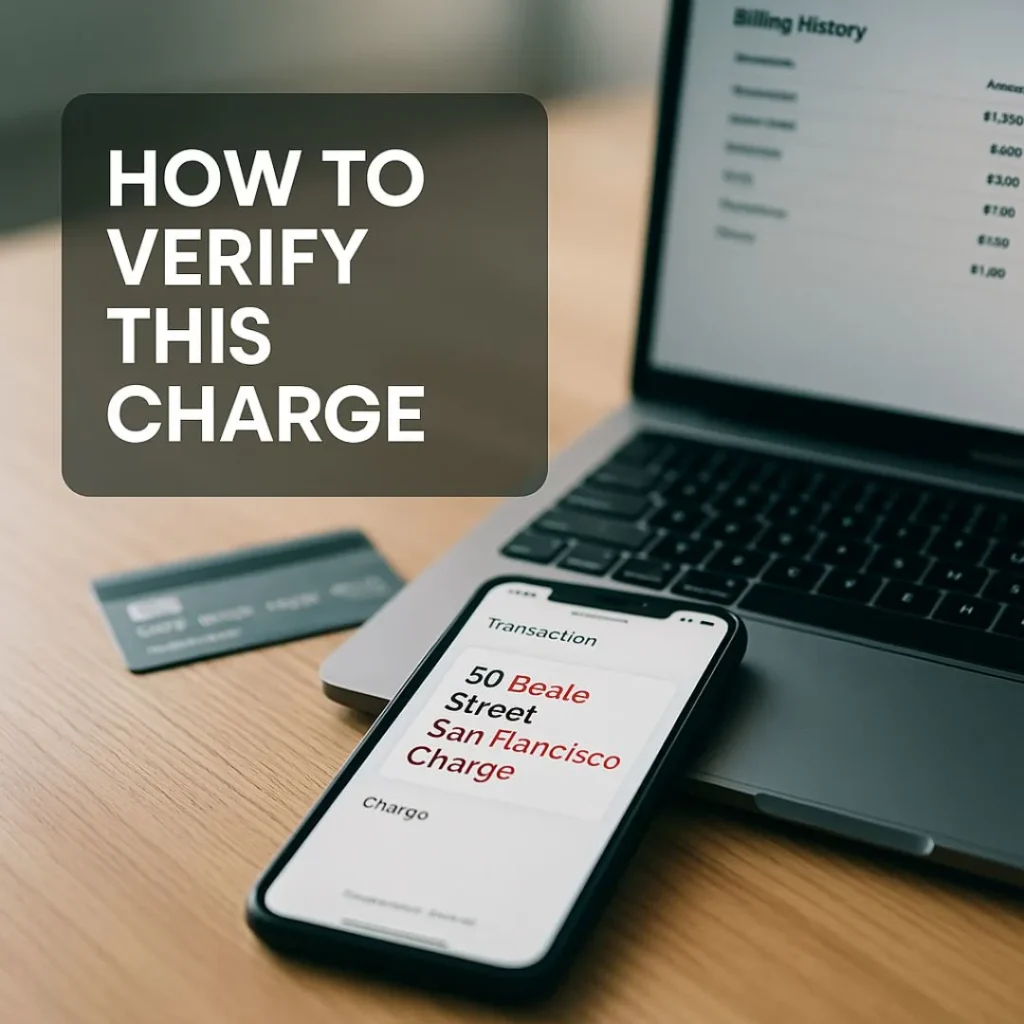 Smartphone showing a “50 Beale Street San Francisco” charge with a laptop and credit card on a desk for verification steps.