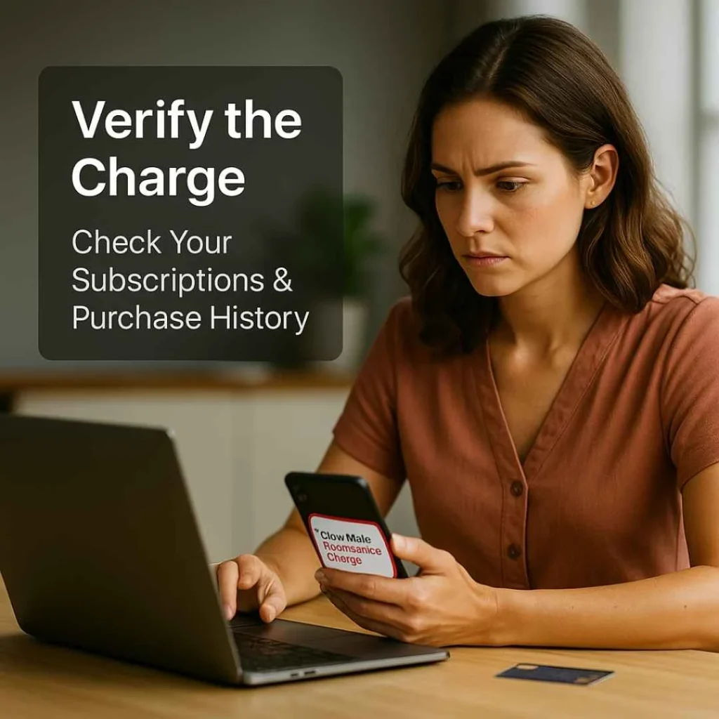American woman reviewing her credit card statement on a laptop with the Cloud Whale Interactive charge highlighted, checking for subscription details.