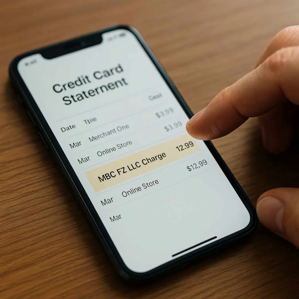 A smartphone on a wooden desk displaying an MBC FZ LLC credit card charge highlighted as suspicious, with a hand pointing to verify the transaction.
