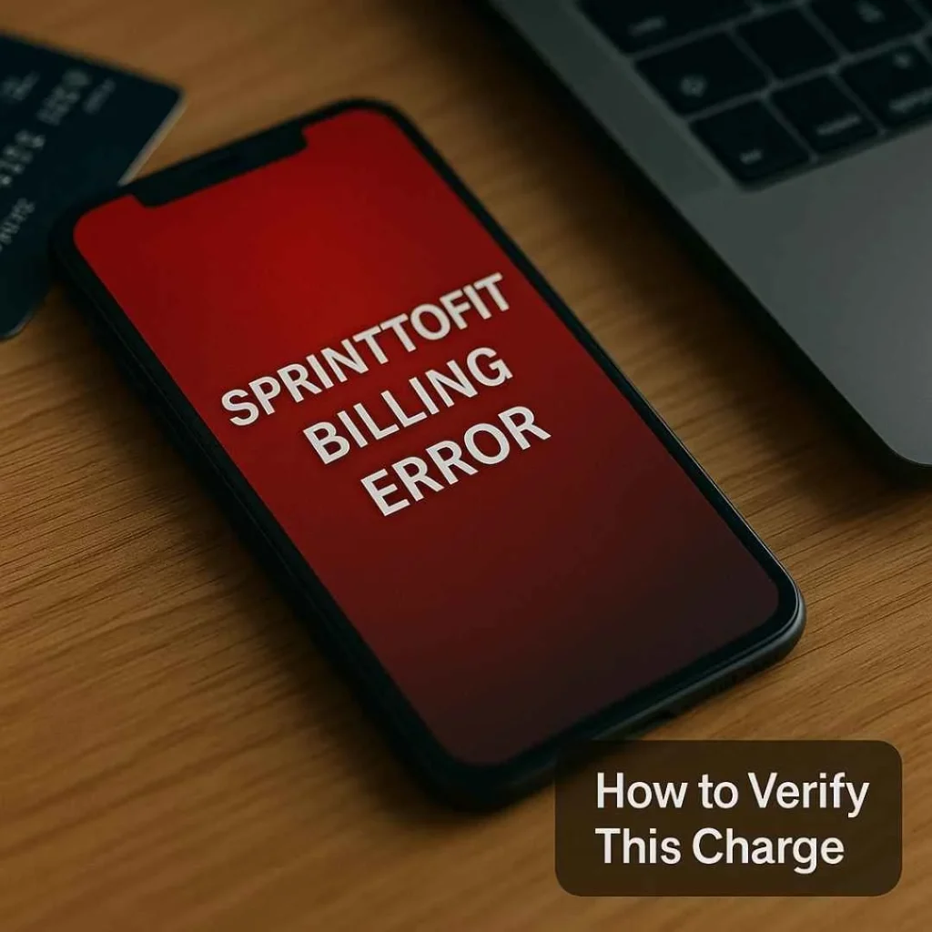 A smartphone displaying a SprintToFit billing alert on a desk beside a credit card and laptop, representing how to verify unknown charges.
