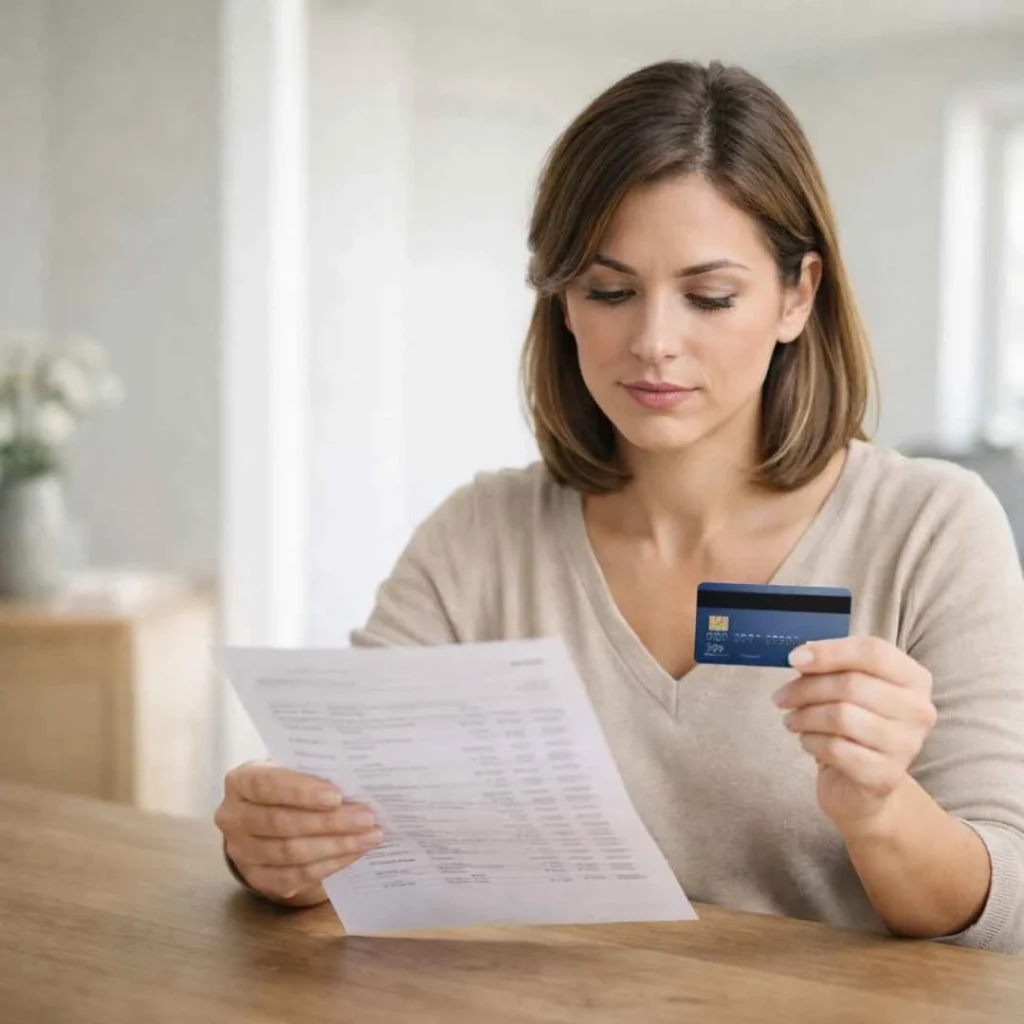 American woman calmly checking a bank statement to verify a Tickecomi debit card charge