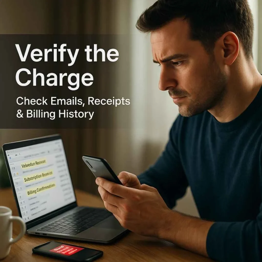 American man checking laptop for VetMedux charge receipts and subscription emails to verify an unknown credit card transaction.