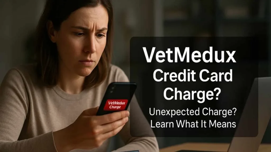 Concerned American woman checking her phone showing a suspicious VetMedux charge, with a credit card and laptop on the desk.
