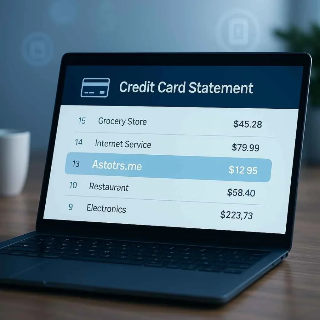Digital credit card statement showing an unrecognized Astotrs.me charge highlighted on a laptop screen.
