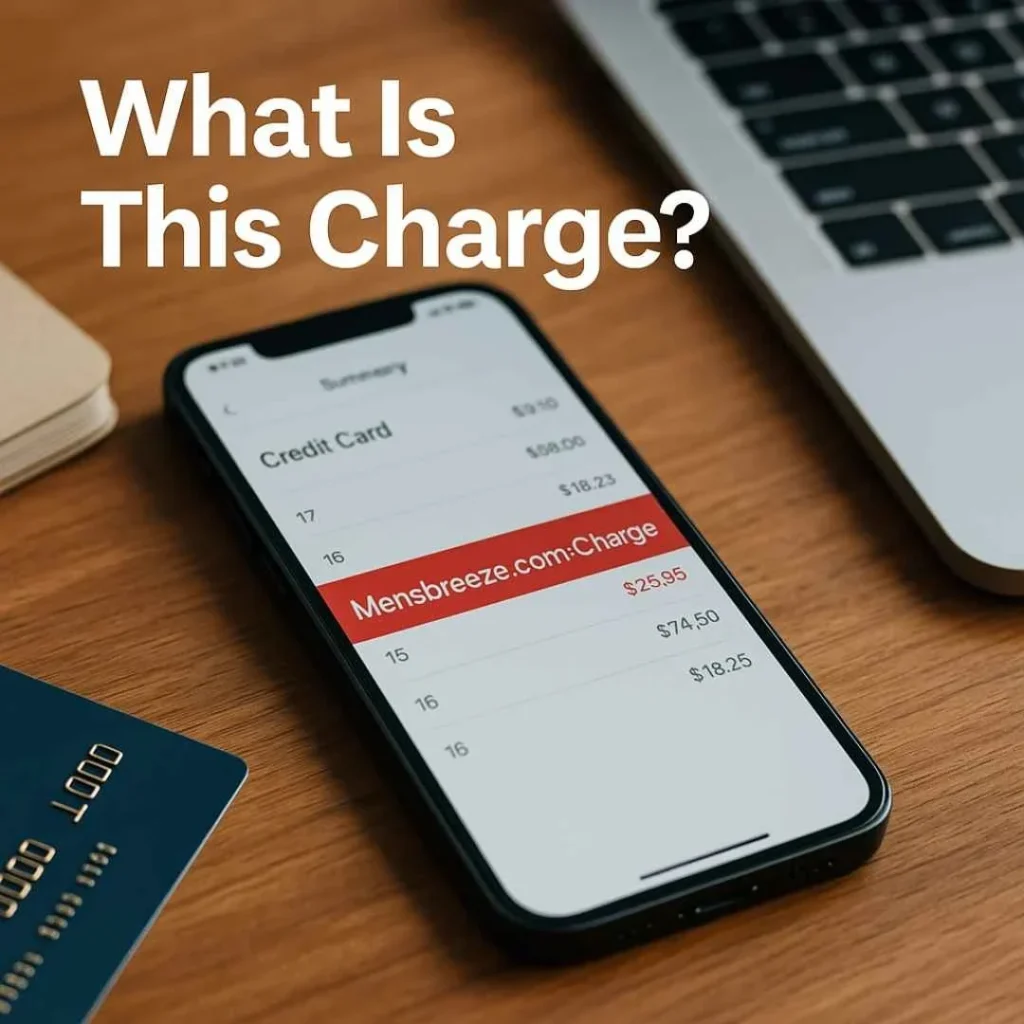 Smartphone showing a highlighted Mensbreeze.com charge on a credit card statement, with text “What Is This Charge?” for explanation section.

