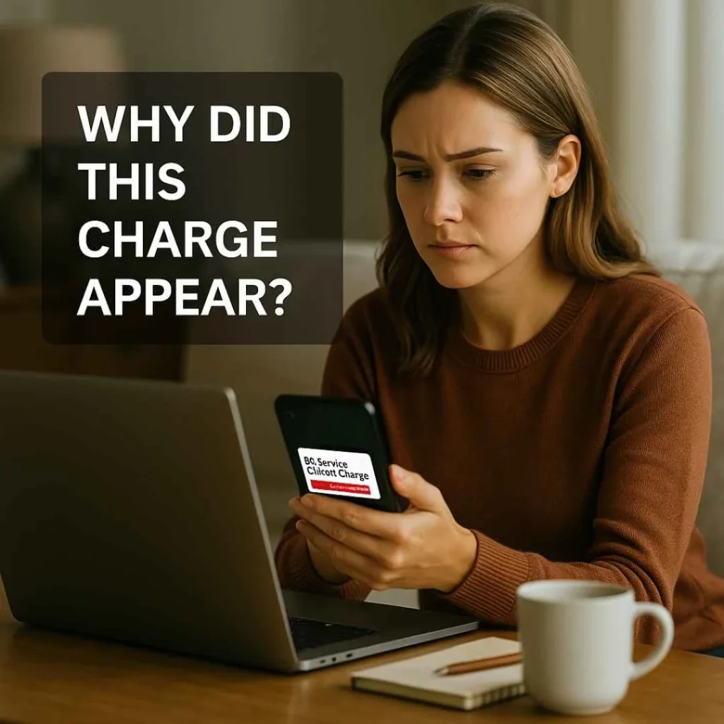 American woman checking her online bank statement on a laptop, noticing a highlighted B2 Services Tallinn charge in red