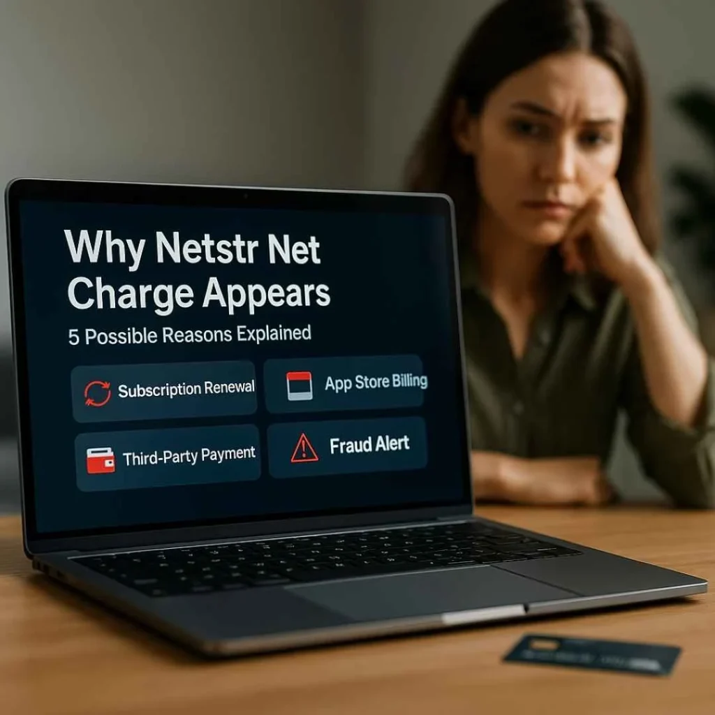 Laptop showing possible reasons for Netstr Net charge on credit card, with subscription, app billing, and fraud alerts highlighted.