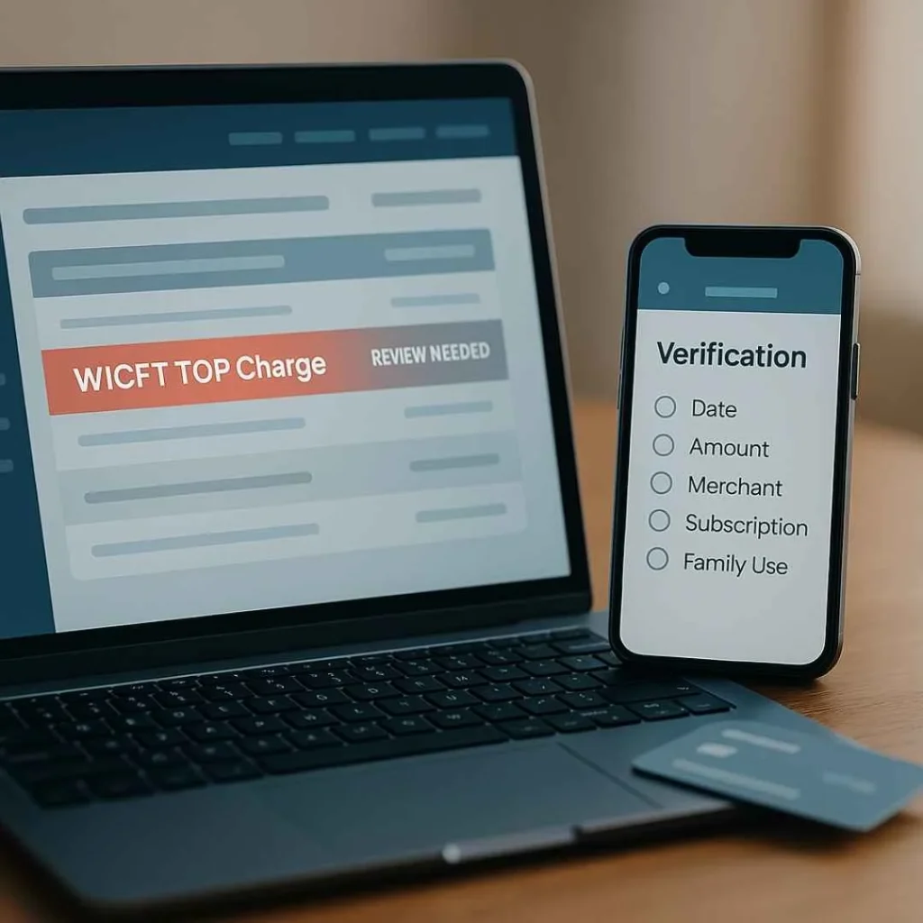 Laptop and smartphone showing a visual banking dashboard for reviewing and verifying a suspicious WICFT TOP charge on a credit card.