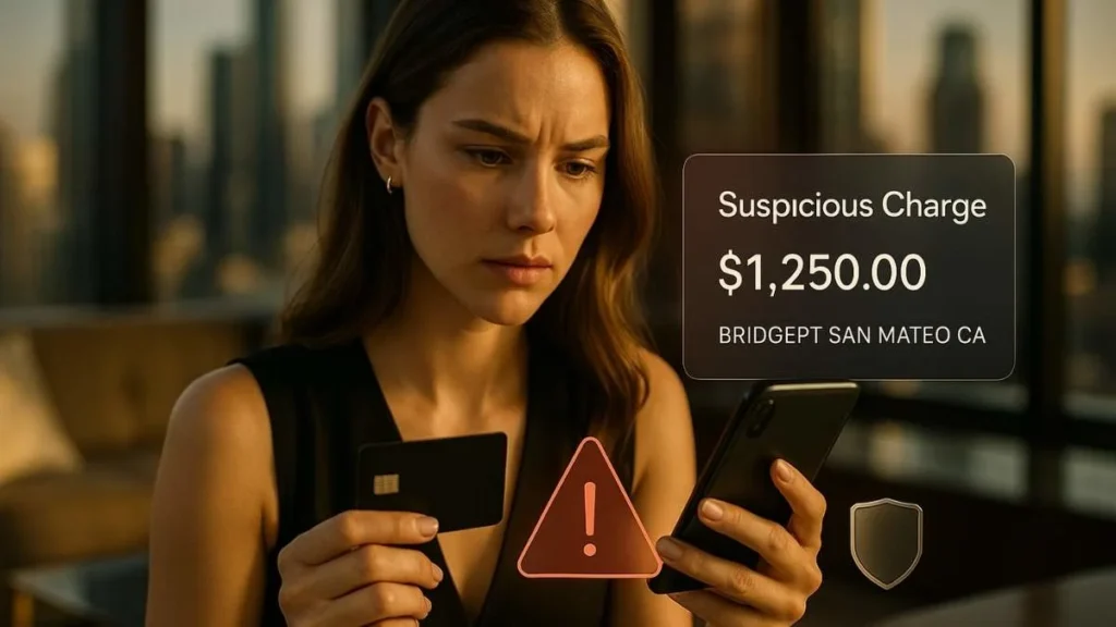 Young woman checking a suspicious Bridgepointe PUS San Mateo CA credit card charge on her smartphone while holding a black credit card in a modern apartment