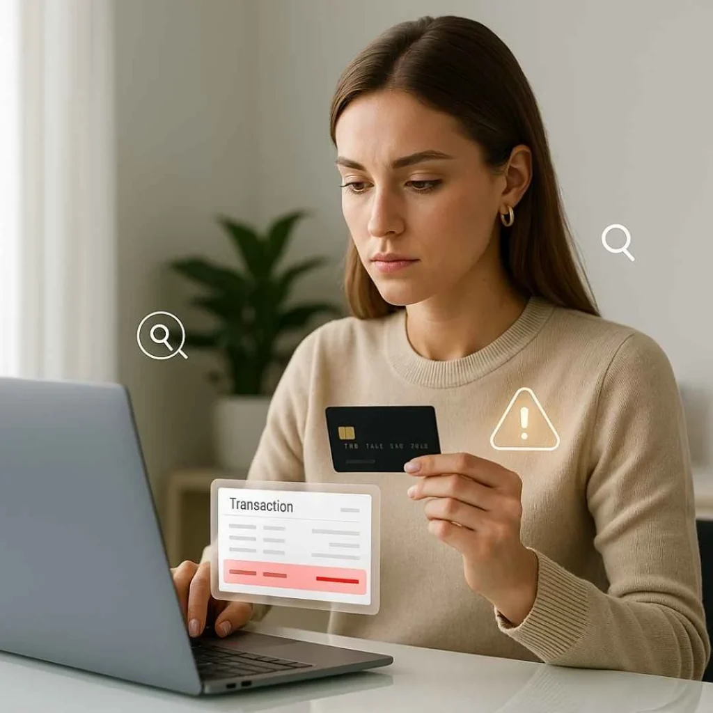 Woman reviewing her online transaction history with a suspicious credit card charge highlighted on her laptop screen in a modern home office.
