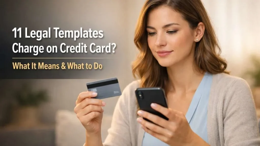 Confident American woman reviewing an 11 Legal Templates charge on her credit card using a smartphone