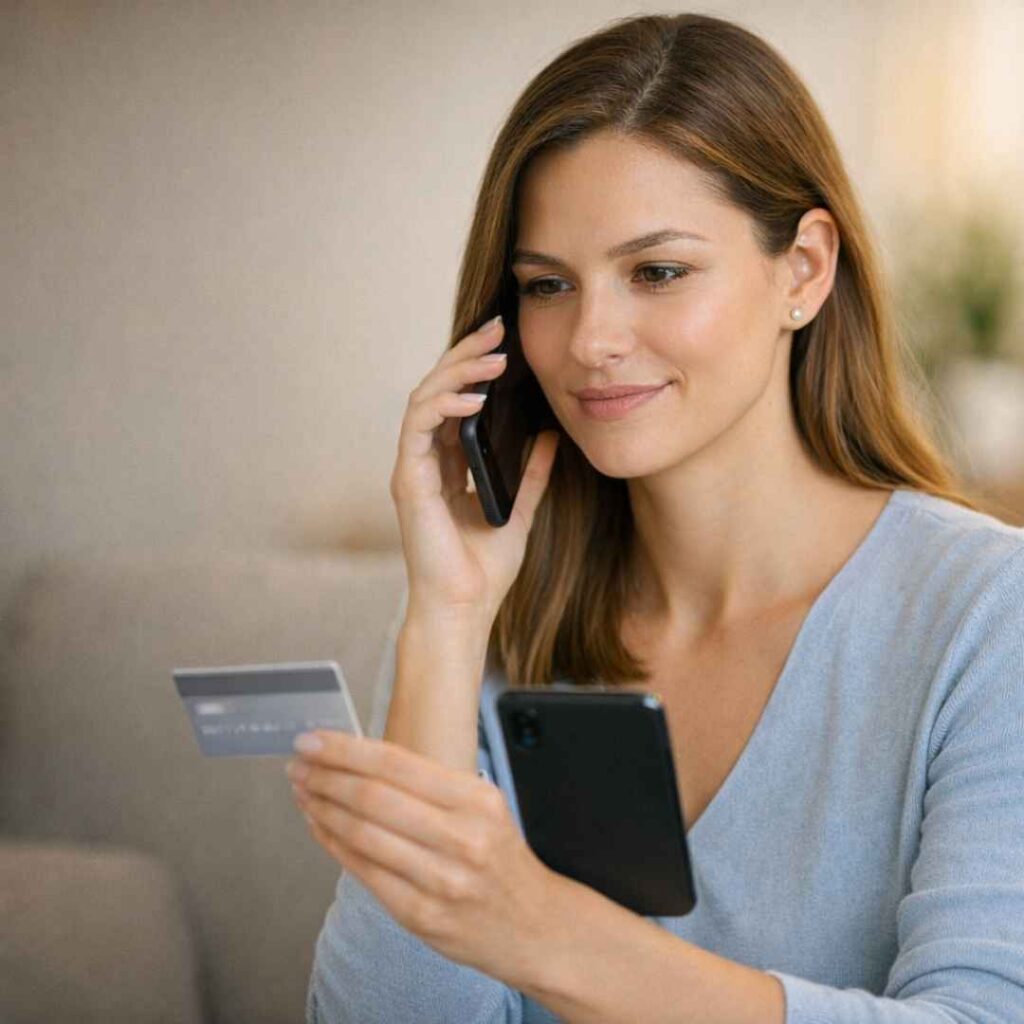 Woman confidently calling bank to resolve X Corp paid features charge on credit card