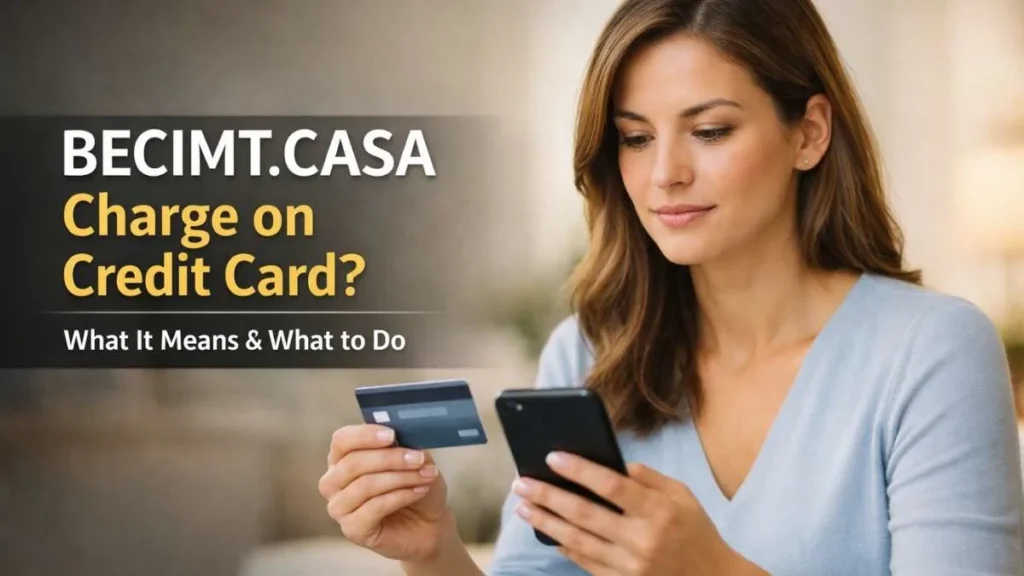 Woman reviewing a BECIMT.CASA charge on credit card and checking an unfamiliar transaction on her phone