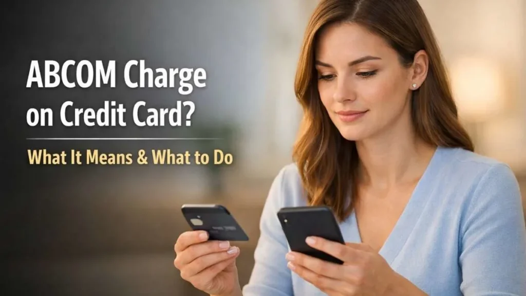 American woman reviewing an ABCOM charge on a credit card statement calmly on her smartphone