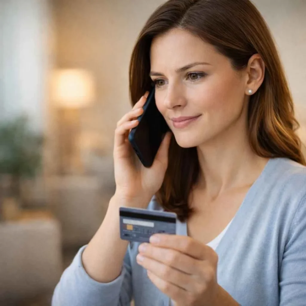 Woman calling bank about Acerena charge on credit card dispute and refund guide