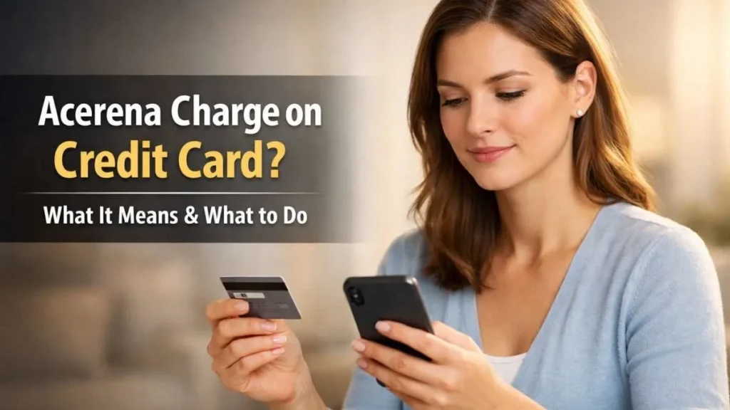 Acerena charge on credit card explained with woman checking unknown credit card transaction on smartphone