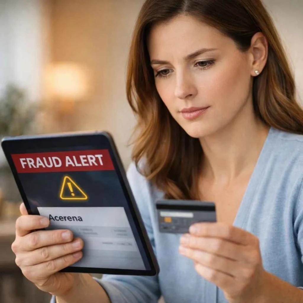 Acerena charge on credit card fraud warning with man reviewing unknown credit card transaction