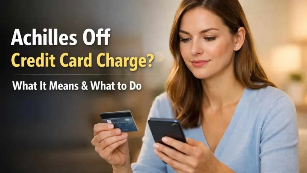 Woman reviewing an Achilles Off credit card charge on her smartphone while holding a credit card