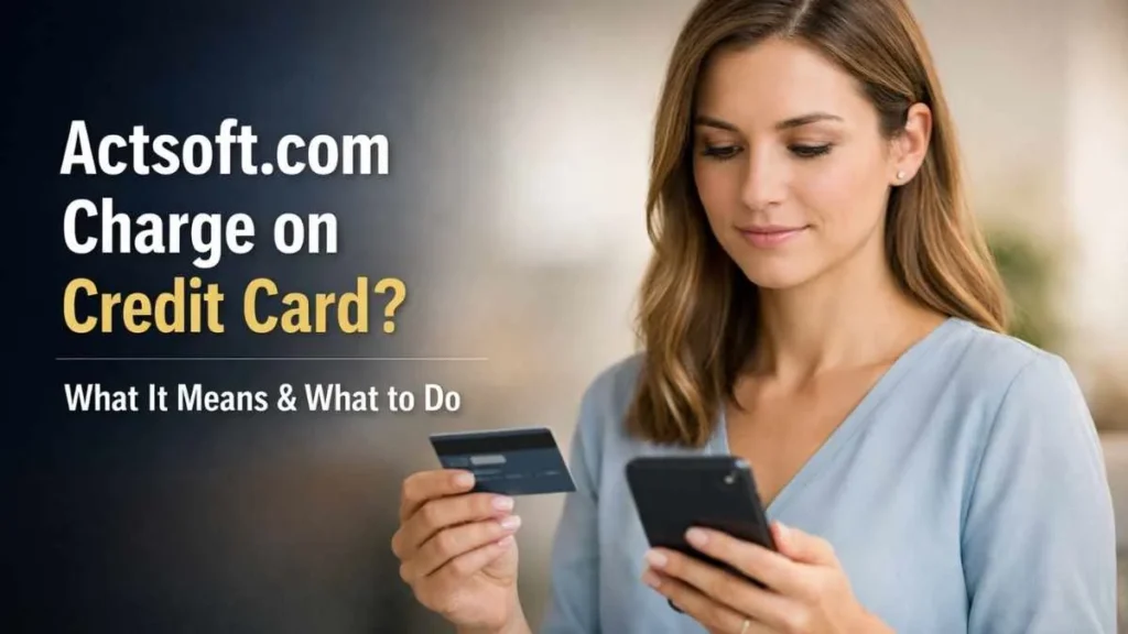 Confident woman reviewing actsoft.com charge on credit card on smartphone and holding a credit card