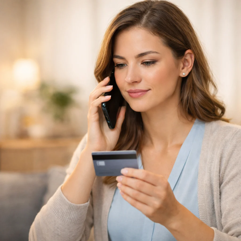 American woman calmly calling her bank about an unauthorized 11 Legal Templates credit card charge