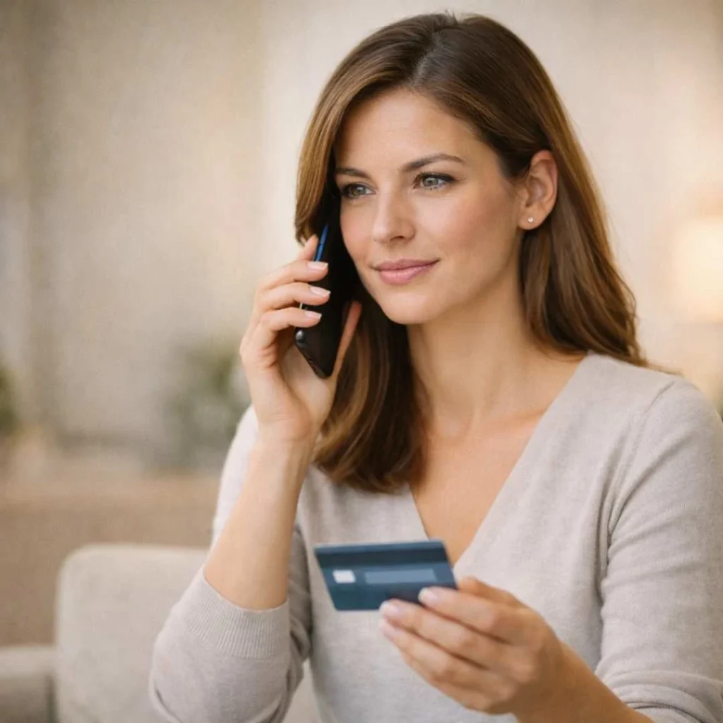 Woman calling her bank to verify and dispute a BECIMT.CASA charge on credit card