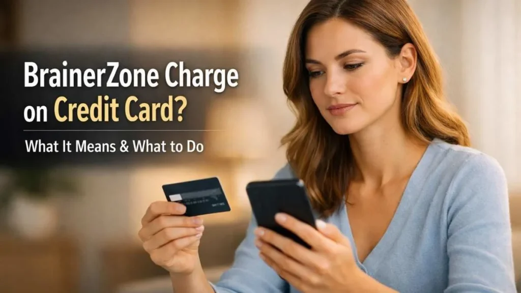 Woman reviewing a BrainerZone charge on credit card while checking an unfamiliar transaction on her phone
