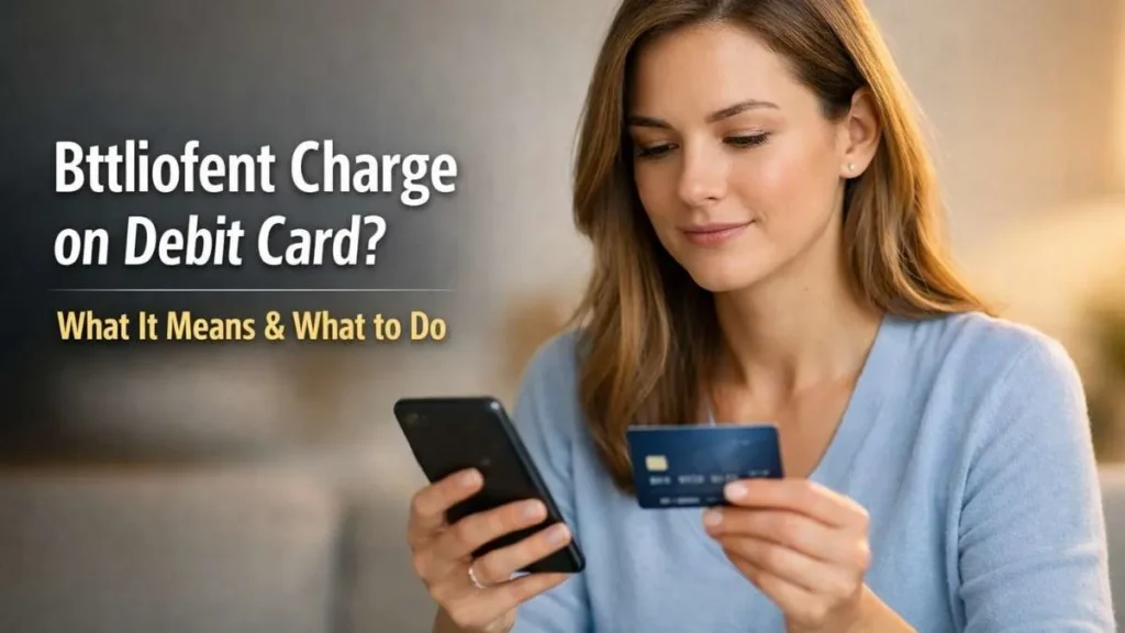 Woman reviewing an unfamiliar Bttliofent charge on debit card and checking what it means