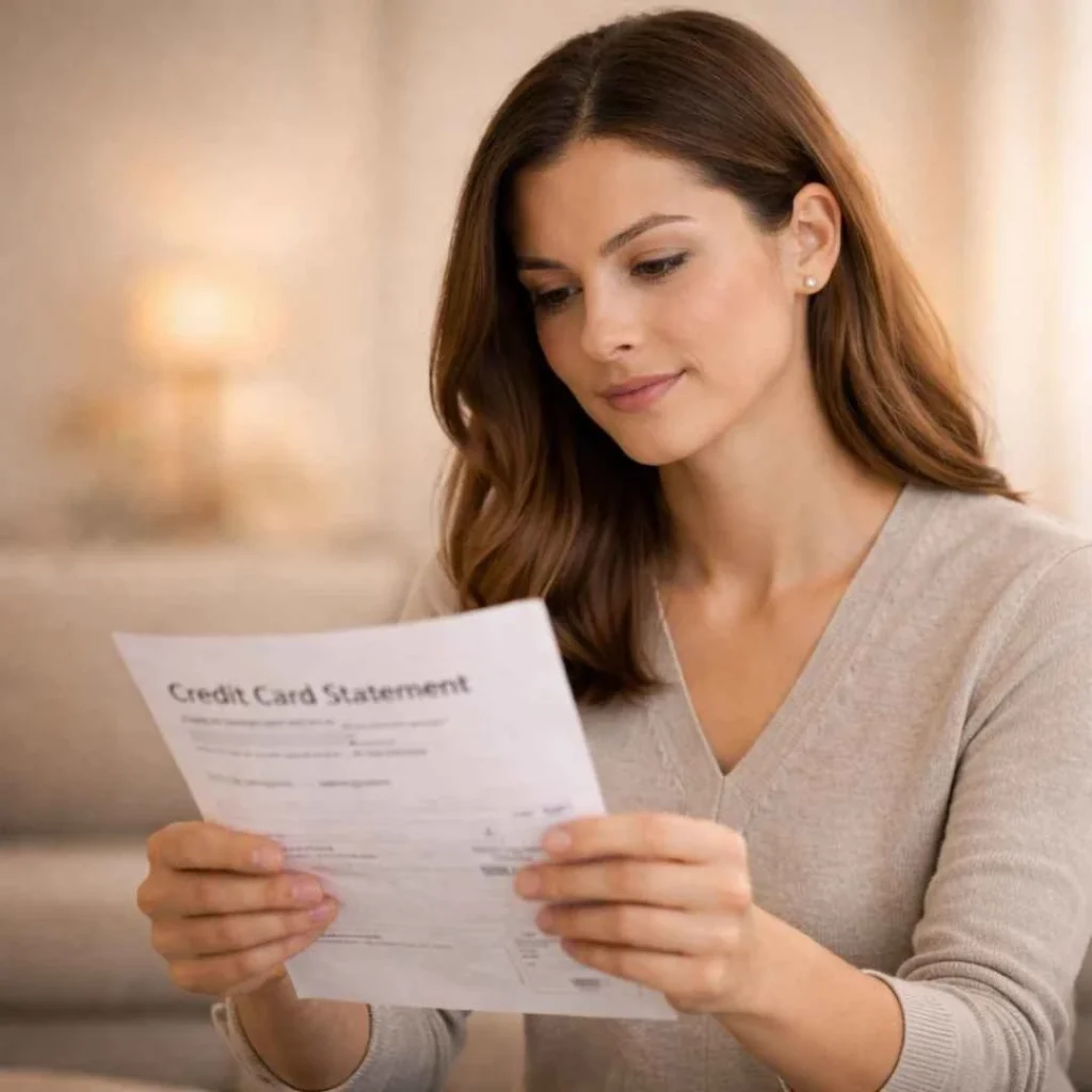 American consumer reviewing credit card statement to verify zotrqu info charge