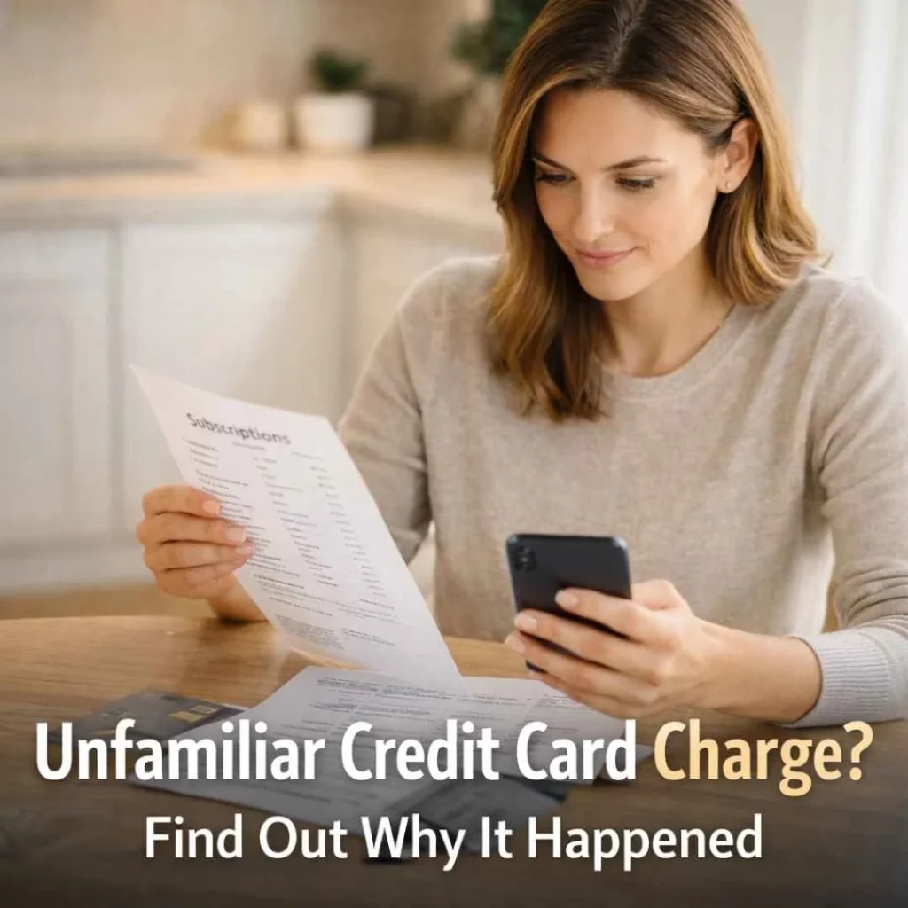 Woman reviewing her credit card statement to identify a BrainerZone charge on her phone