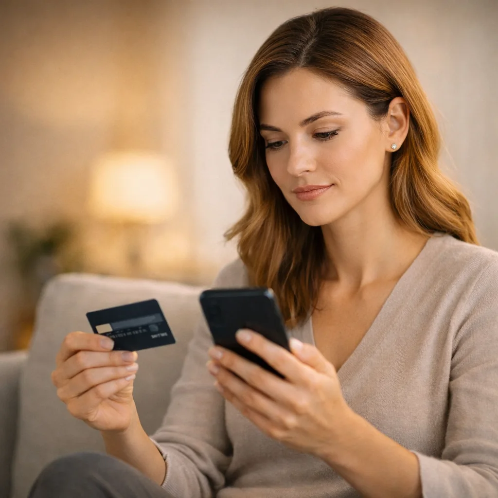 Woman reviewing her credit card statement to identify a BrainerZone charge on her phone