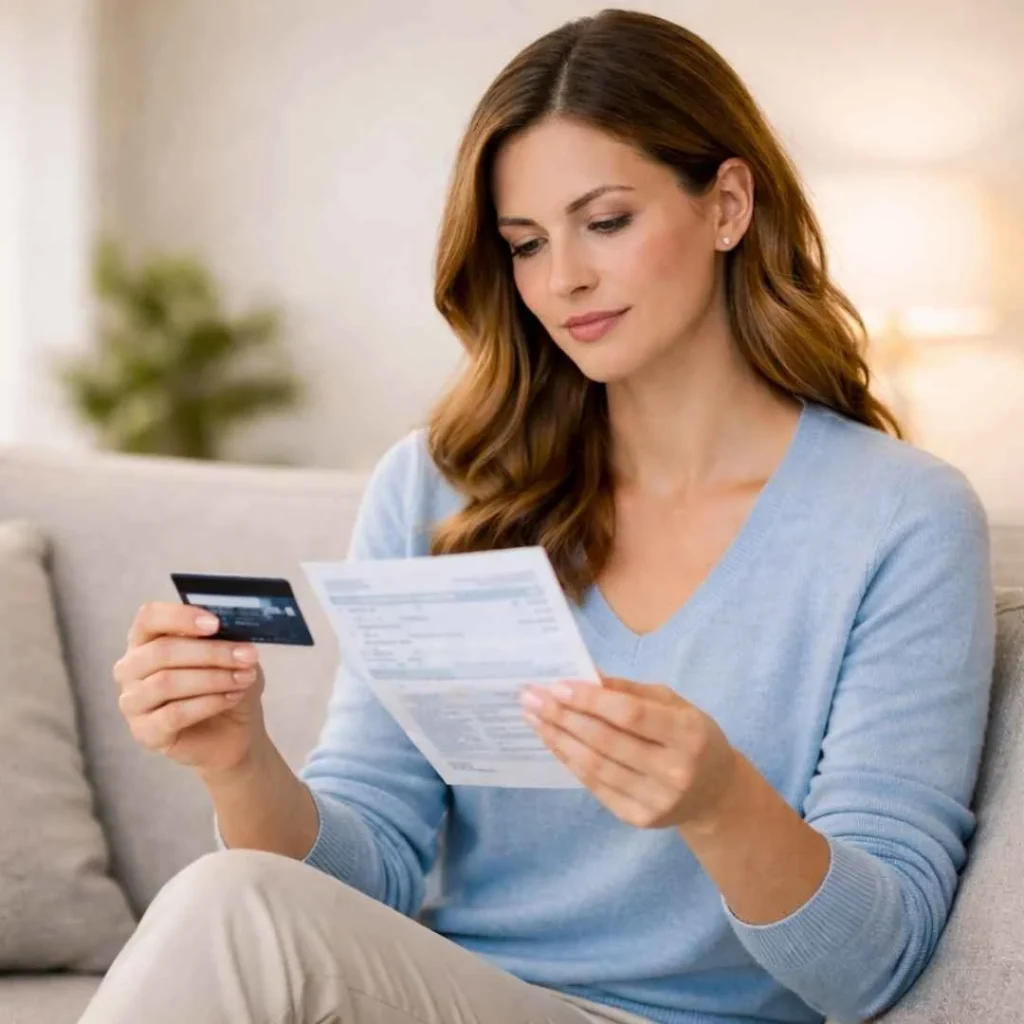 Woman reviewing credit card statement to confirm a VERV Las Vegas charge