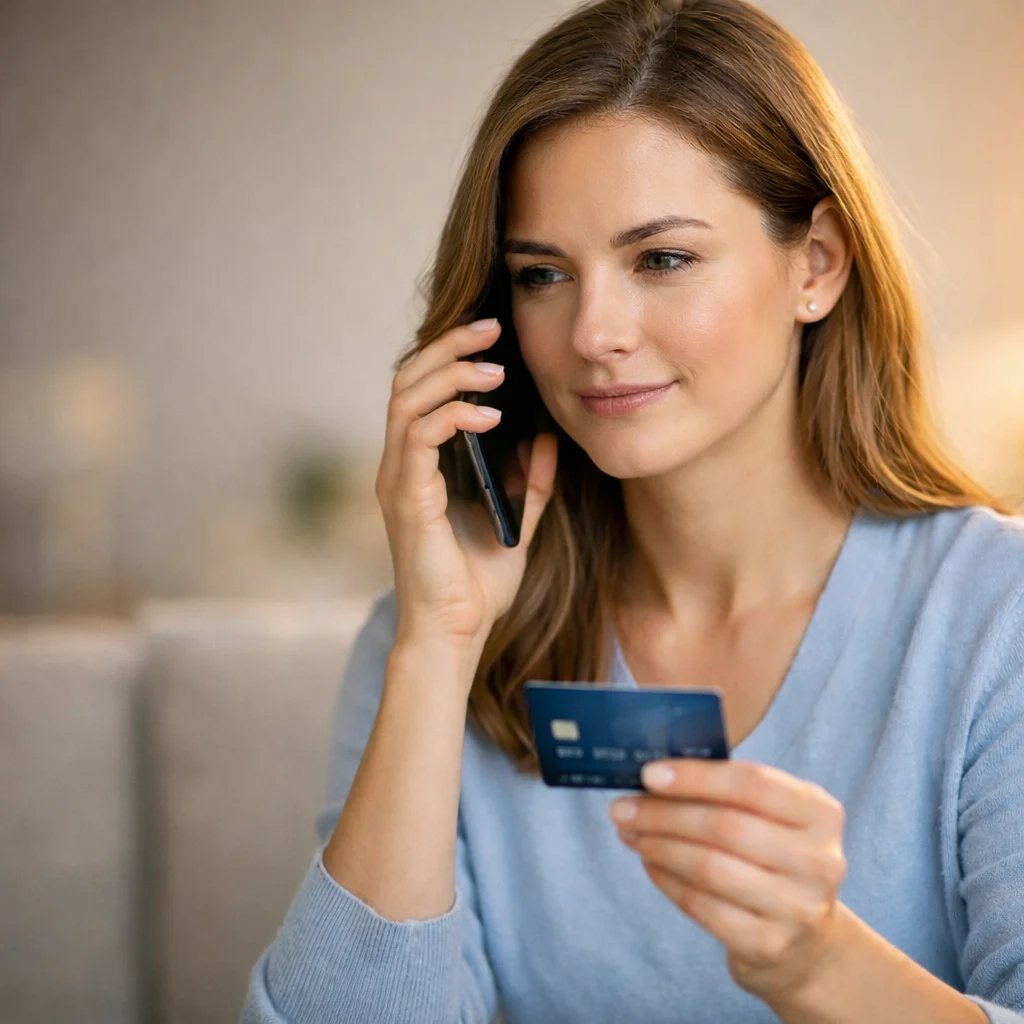 Woman contacting bank customer support about an unrecognized Bttliofent debit card charge
