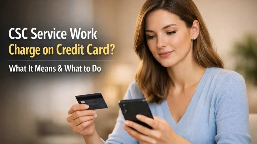 Woman reviewing CSC Service Work charge on credit card on smartphone in the USA