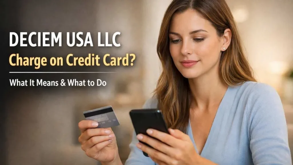 Woman reviewing DECIEM USA LLC charge on credit card on her smartphone at home