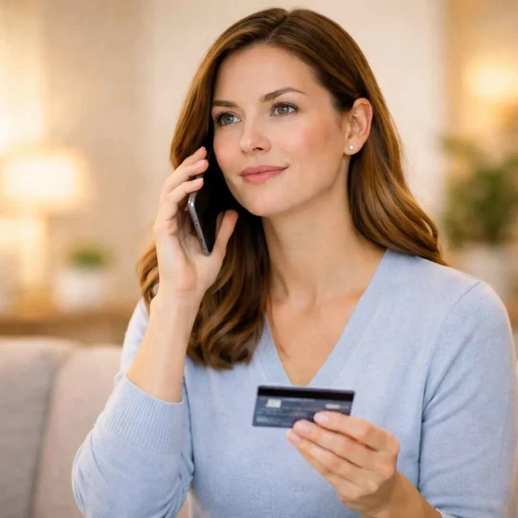 Woman calling bank to dispute an unknown credit card charge while holding a credit card