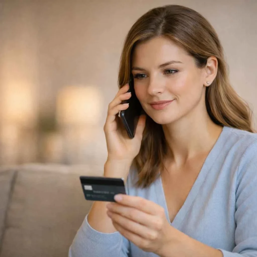 Woman calling her bank about an STME.FANS charge on a credit card