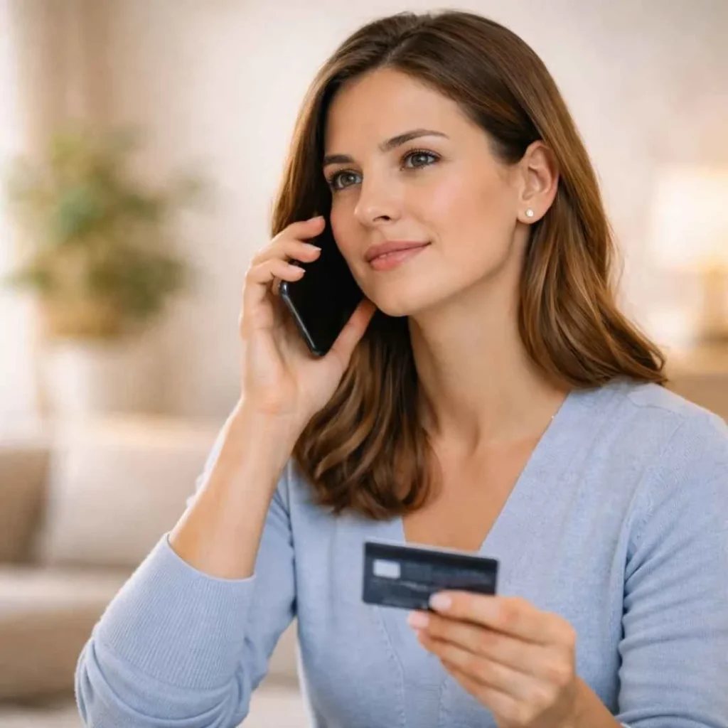 American woman calling bank to dispute a vi coverage charge on credit card.