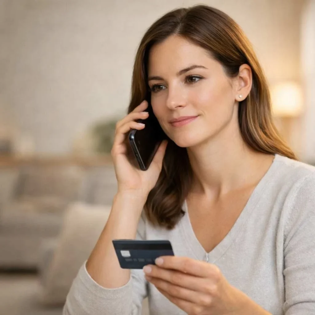 Woman contacting her bank to dispute a Willows and Pines credit card charge in a calm and professional setting