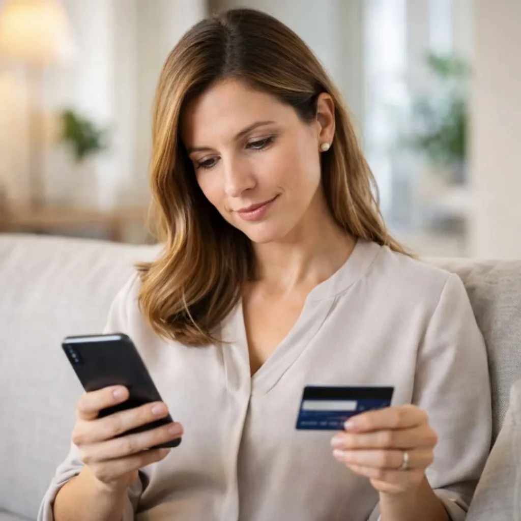 Woman reviewing ERAC toll charge on credit card statement at home