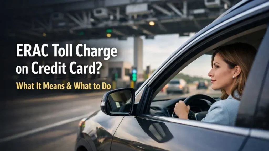 Woman driving a rental car through a U.S. highway toll gate explaining ERAC toll charge on credit card