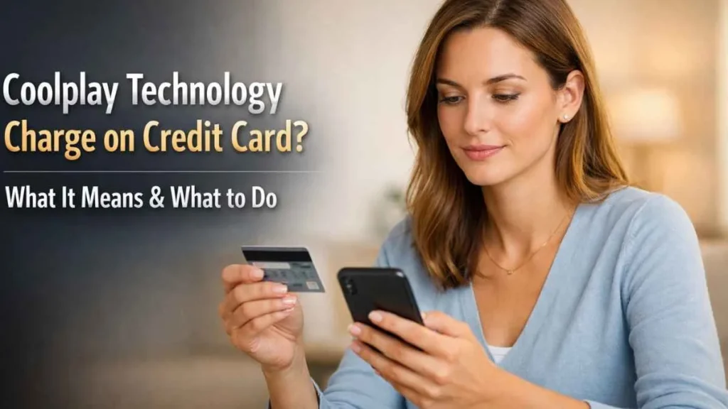 American woman reviewing a coolplay technology charge on credit card and checking transaction details calmly