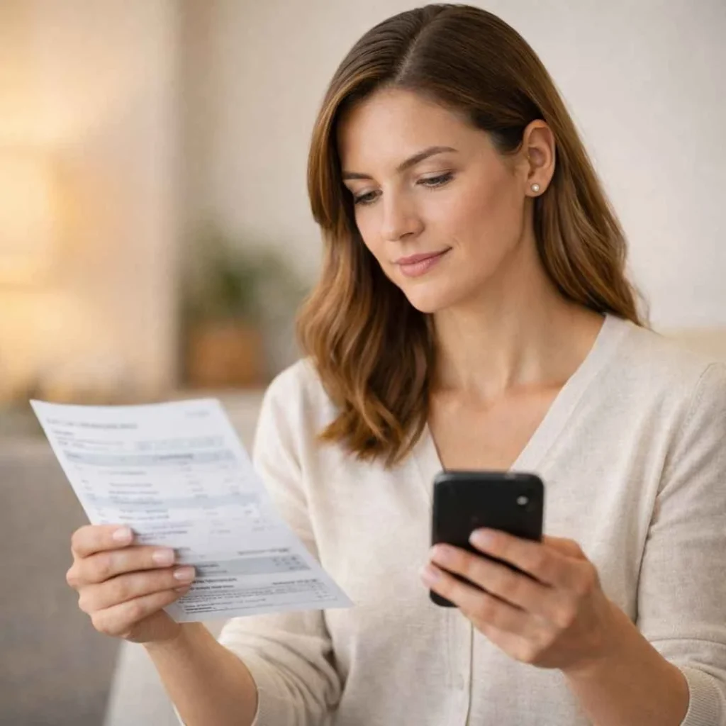 Woman reviewing xsolla charge on credit card using statement and phone in a calm home setting