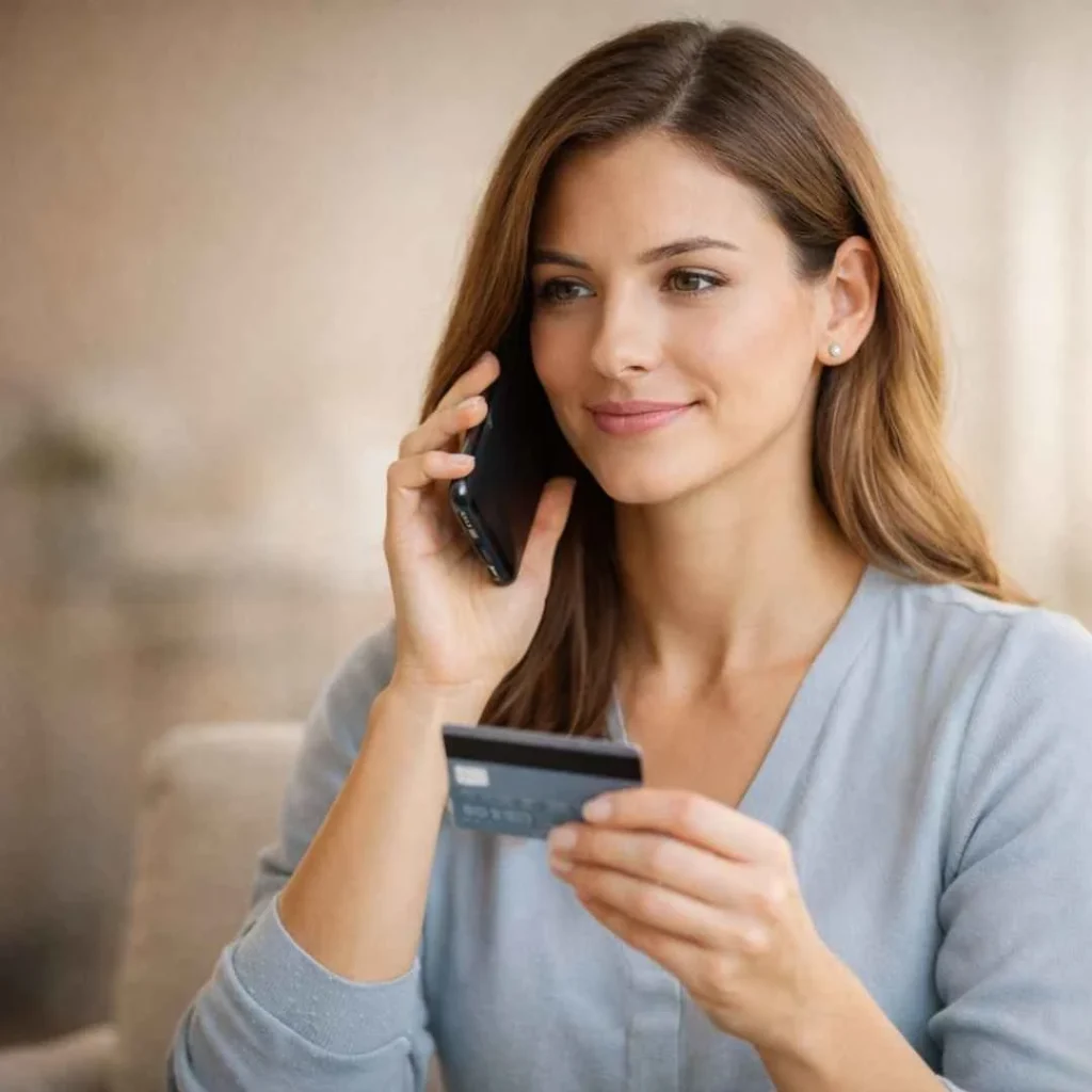 Woman calling bank to report an unauthorized Imgident charge on credit card
