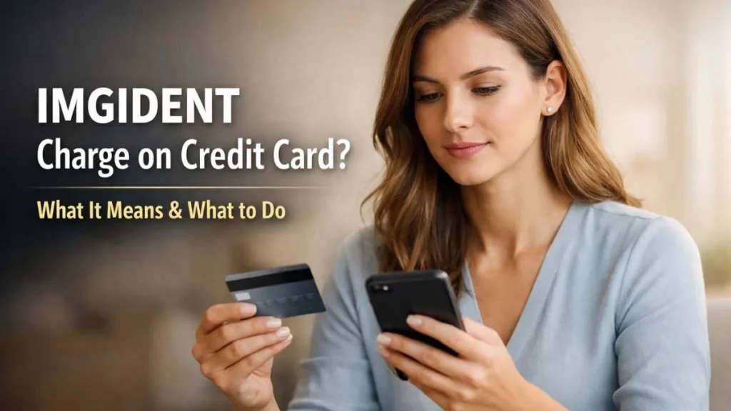 Woman reviewing an unknown Imgident charge on credit card using smartphone