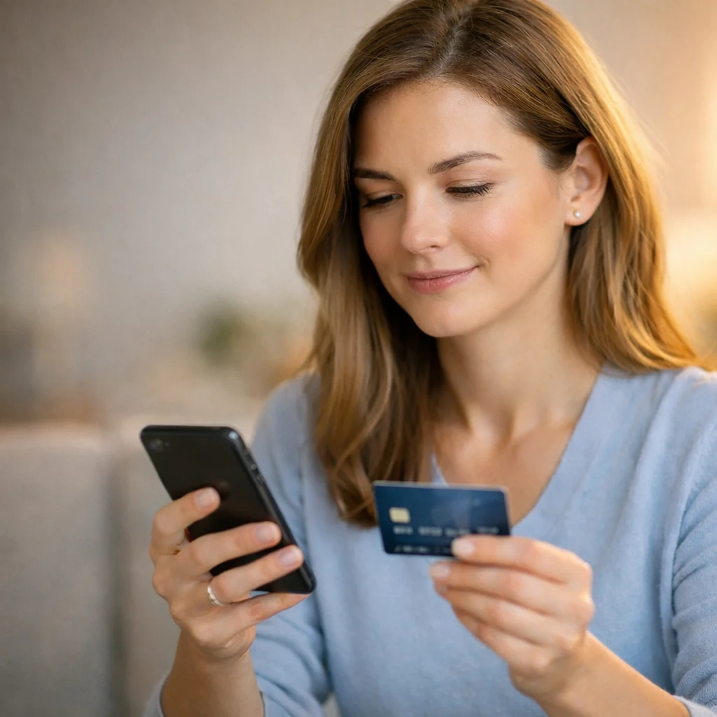 Woman monitoring debit card transactions after a Bttliofent charge for account safety