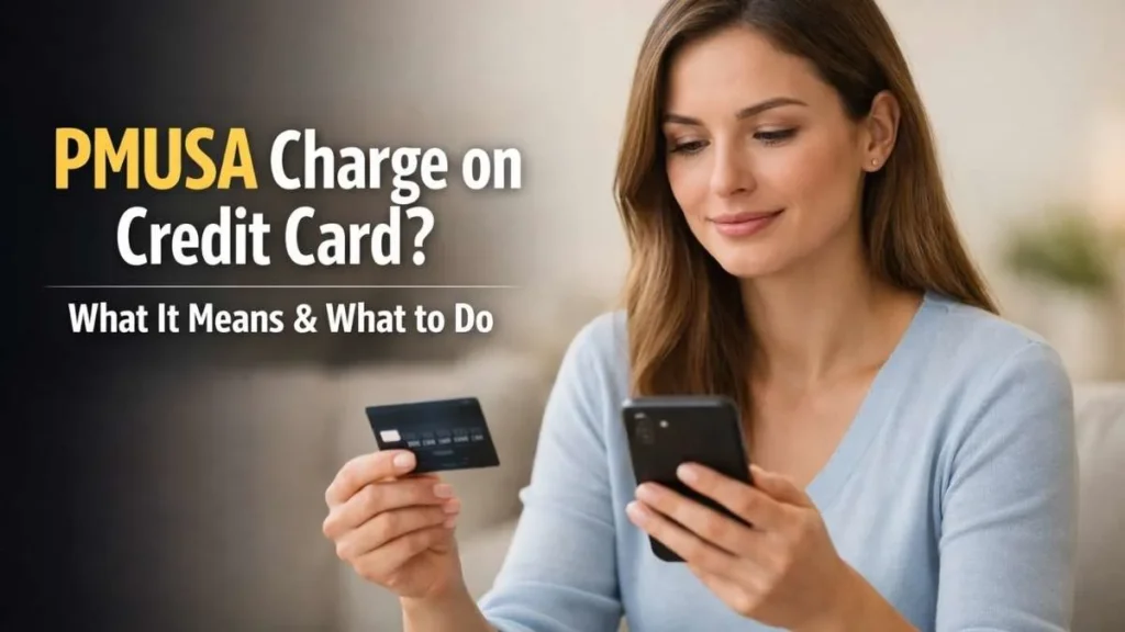 Woman reviewing PMUSA charge on credit card while checking transaction on smartphone